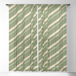 [ Thumbnail: Dark Olive Green & Tan Colored Lined/Striped Pattern Sheer Curtain ]