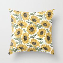 Sun-kissed sunflowers // white background yellow flowers sage green leaves Throw Pillow