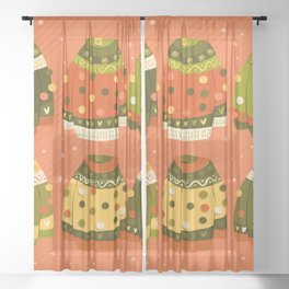 Collection of six cute vibrant hand drawn sweaters with winter decoration and pom-poms. Colorful holiday vector illustration. Sheer Curtain