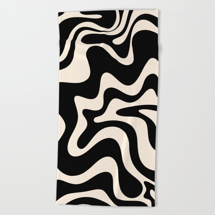 Retro Liquid Swirl Abstract in Black and Almond Cream 2 Beach Towel