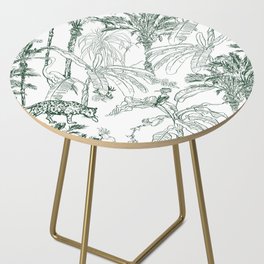 Seamless Pattern Vintage Lithograph Sketch Drawing Wildlife Leopard Animal, Hoopoe, Cockatoo Parrots and Crane Birds in Banana Palm Trees Jungle Rainforest Etching Hand Drawn Textile Design Side Table