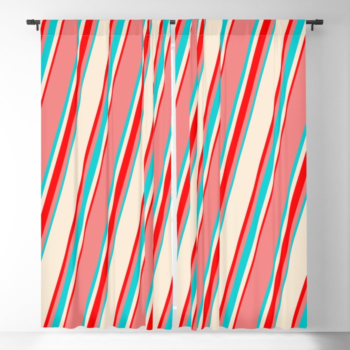 Light Coral, Dark Turquoise, Beige & Red Colored Lines/Stripes Pattern Blackout Curtain