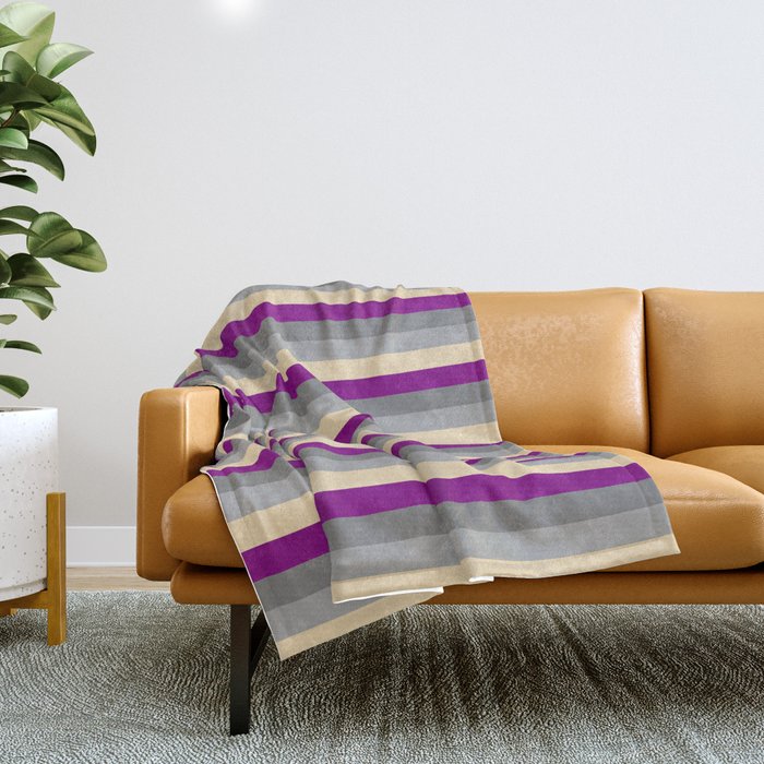 Purple, Gray, Dark Grey, and Tan Colored Lined Pattern Throw Blanket
