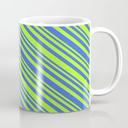 [ Thumbnail: Light Green & Royal Blue Colored Lines/Stripes Pattern Coffee Mug ]