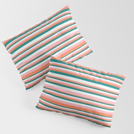 [ Thumbnail: Teal, Mint Cream, Light Pink, and Coral Colored Lines/Stripes Pattern Pillow Sham ]