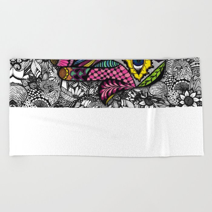 Colorful Hand Drawn Hamsa Hand an Floral Drawings Beach Towel