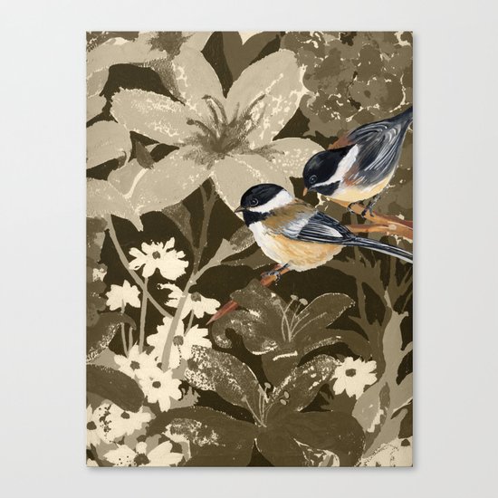 Bird-Chickadees with Lillies Canvas Print