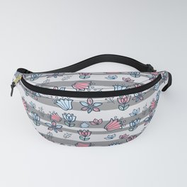 Gray stripes with pink and blue flowers Fanny Pack