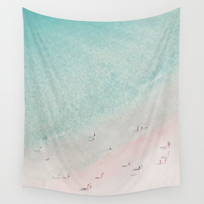 Aerial Beach Ocean Print - Beach People - Pink Sand - Pastel Sea - Minimal - Travel photography Wall Tapestry