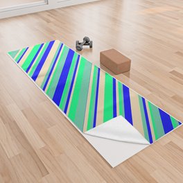 [ Thumbnail: Tan, Blue, Aquamarine & Green Colored Lines Pattern Yoga Towel ]