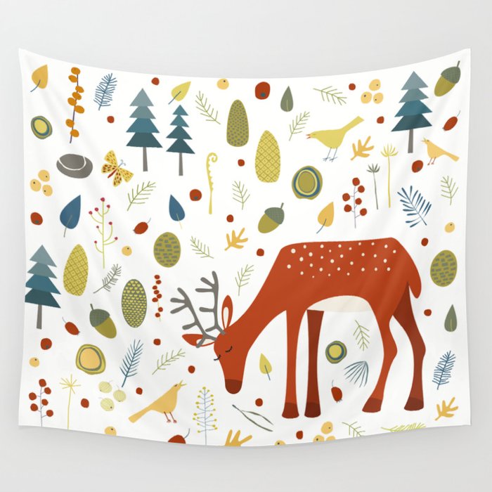 Deer and Forest Things Wall Tapestry