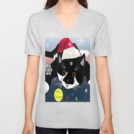 Cute Tuxedo cat wishing Merry Christmas or Merry Catmas  V Neck T Shirt
