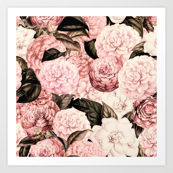 Vintage & Shabby Chic Pink Floral camellia flowers watercolor pattern Art Print