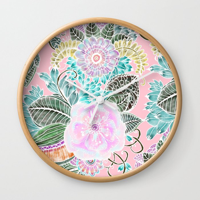 Blush pink lavender green white watercolor hand painted flowers Wall Clock