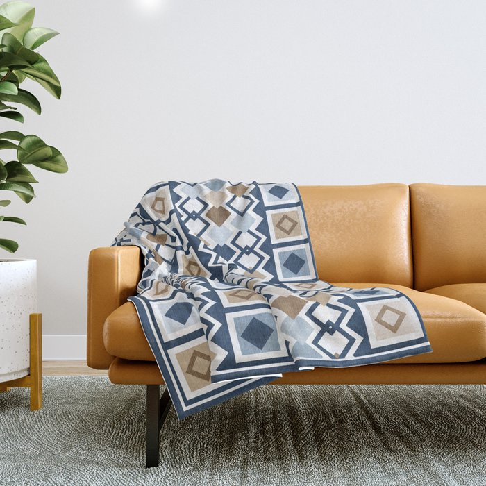 Mid Century Modern Mud Cloth Geometric // Classic Blues and Browns Throw Blanket