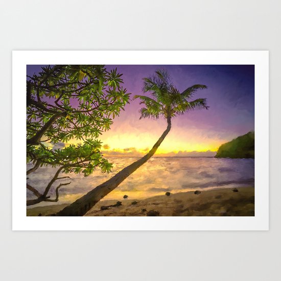 Tropical sunset beach with palms Art Print