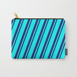 [ Thumbnail: Cyan & Midnight Blue Colored Striped/Lined Pattern Carry-All Pouch ]