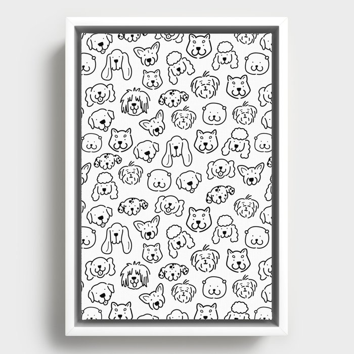 Cute Black and White Dog Lineart pattern Framed Canvas