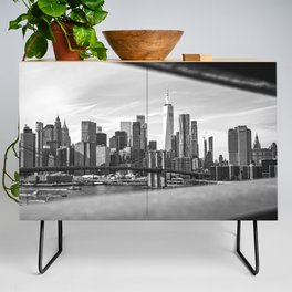 New York City Skyline | Views From the Bridge | Black and White Travel Photography Credenza