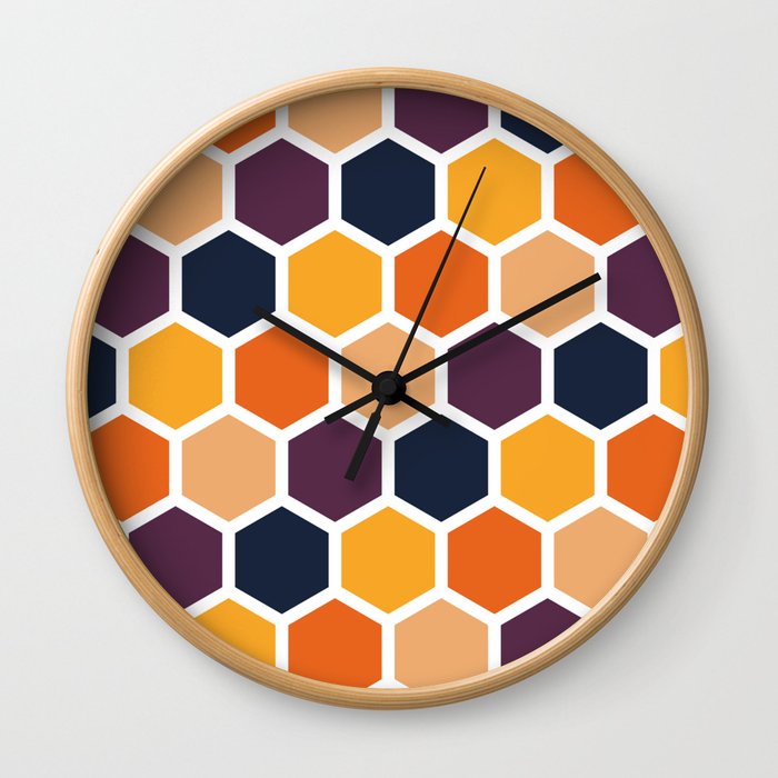 Chocolate, golden rod, dark slate gray, sandy brown hexagon Wall Clock