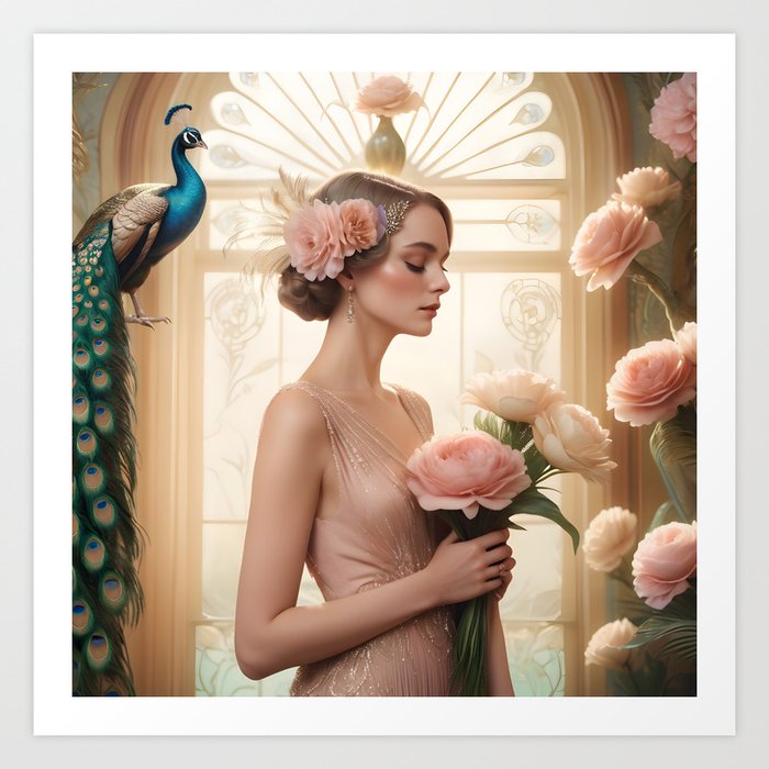 Flower Fairytale: Pastel Beauty, Peacock, and Blooms Art Print