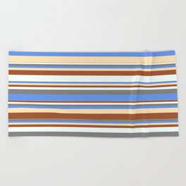 [ Thumbnail: Colorful Sienna, Mint Cream, Gray, Cornflower Blue & Beige Colored Striped Pattern Beach Towel ]