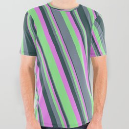 [ Thumbnail: Violet, Light Green, Light Slate Gray, and Dark Slate Gray Colored Lined Pattern All Over Graphic Tee ]