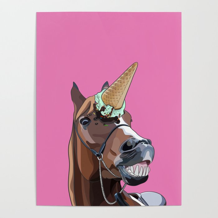 Horse With an Ice Cream Cone Unicorn Horn Poster