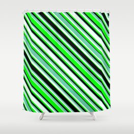 [ Thumbnail: Aquamarine, Mint Cream, Lime, and Black Colored Pattern of Stripes Shower Curtain ]