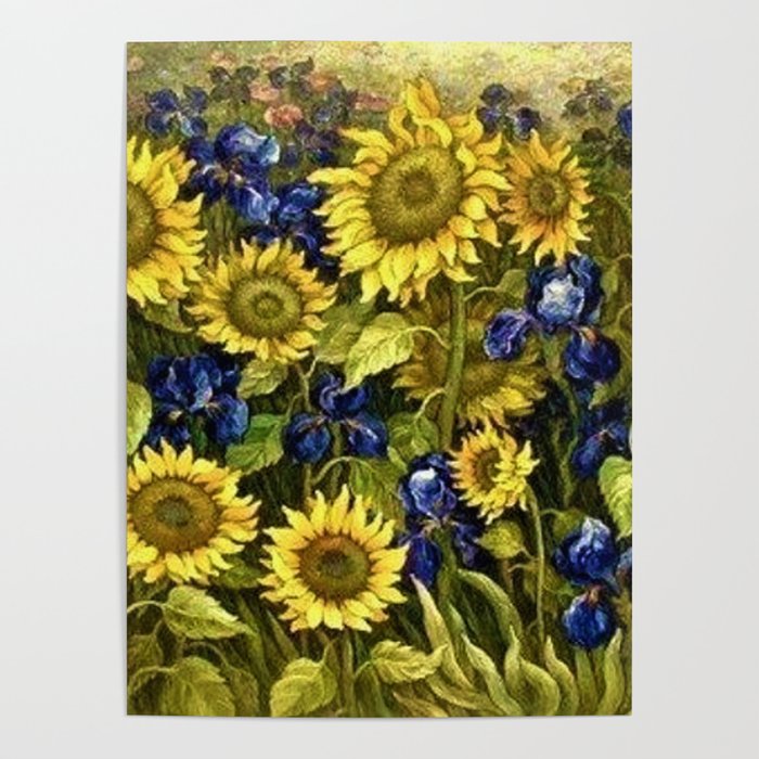 Sunflowers & Blue Irises by Vincent van Gogh Poster