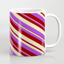 [ Thumbnail: Dark Orchid, Dark Red, and Pale Goldenrod Colored Striped/Lined Pattern Coffee Mug ]