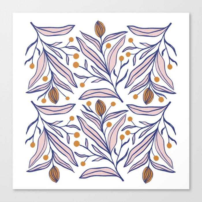 Floral print on white in blue, pink and ochre  Canvas Print
