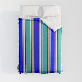 [ Thumbnail: Blue, Tan, Light Sea Green, and White Colored Striped Pattern Comforter ]