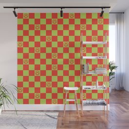 Smiley Face & Checkerboard (Red & Acid Green) Wall Mural