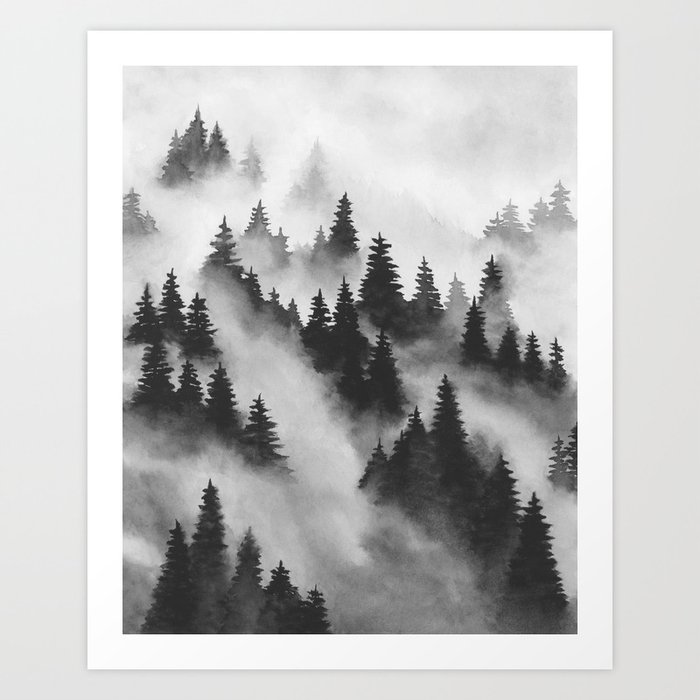 Trees Above the Fog I, Black and White Wall Art, Foggy Forest Watercolor Painting, Rustic Modern Mountain Home Décor Art Print