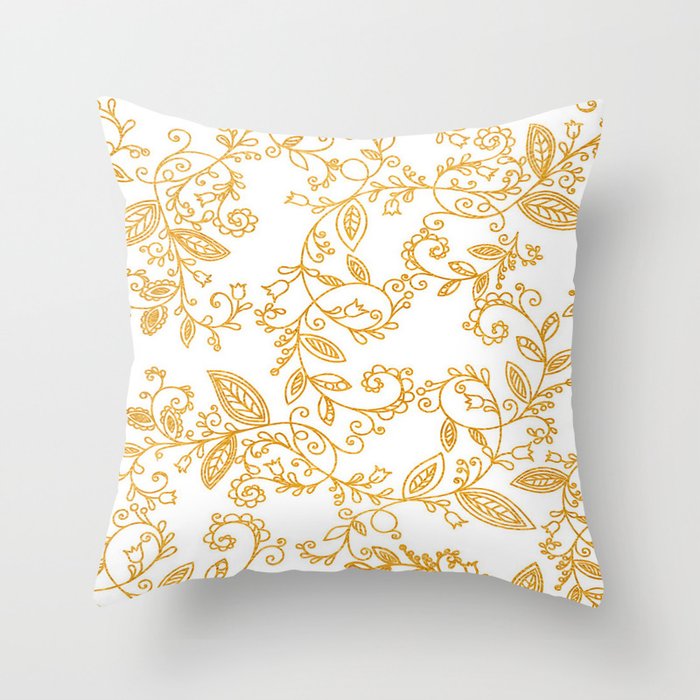 Modern Trendy Floral White Gold Collection Throw Pillow