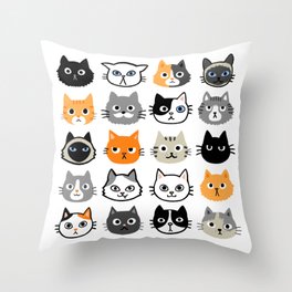 Cute Cats | Assorted Kitty Cat Faces | Fun Feline Drawings Throw Pillow