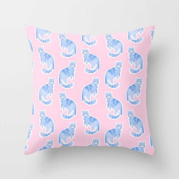 Soft Blue and Pink Standing Cat | Simple Cute Pastel Watercolors Throw Pillow