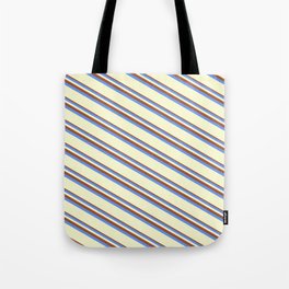 [ Thumbnail: Sienna, Cornflower Blue & Light Yellow Colored Striped/Lined Pattern Tote Bag ]