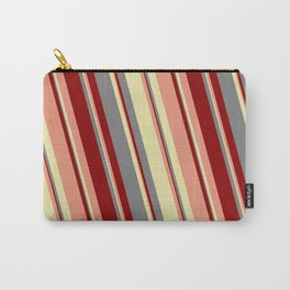 [ Thumbnail: Grey, Dark Red, Dark Salmon, and Pale Goldenrod Colored Striped Pattern Carry-All Pouch ]