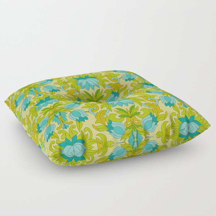 Turquoise and Green Leaves 1960s Retro Vintage Pattern Floor Pillow