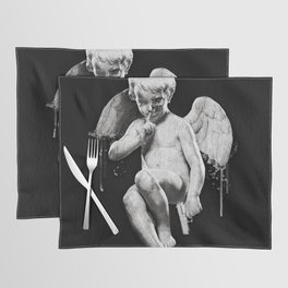 Dark angel illustration. Skull Tattoo Design. Black and white textile graphic. Vintage poster art. Placemat