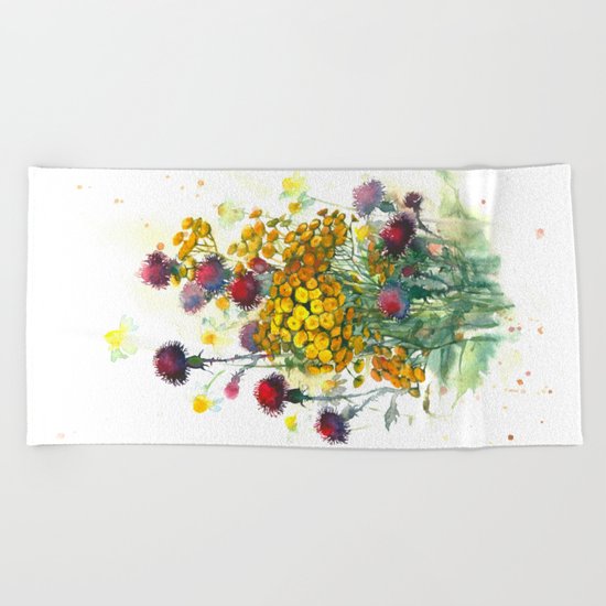 Watercolor wildflowers, aquarelle Beach Towel