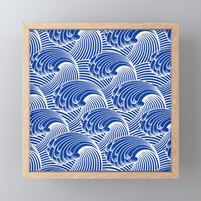 Vintage Japanese Waves, Cobalt Blue and White Framed Mini Art Print