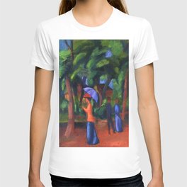 Woman with Purple Umbrella Walking in Jardin du Luxembourg Gardens, Paris, France still life painting by August Macke T Shirt
