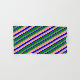 [ Thumbnail: Slate Gray, Light Salmon, Blue & Green Colored Lines/Stripes Pattern Hand & Bath Towel ]