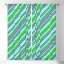 [ Thumbnail: Aquamarine, Lime Green, and Purple Colored Striped/Lined Pattern Blackout Curtain ]