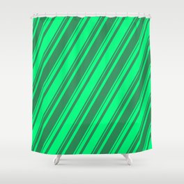 [ Thumbnail: Green & Sea Green Colored Striped Pattern Shower Curtain ]