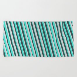 [ Thumbnail: Turquoise, Dark Slate Gray, and Light Gray Colored Pattern of Stripes Beach Towel ]