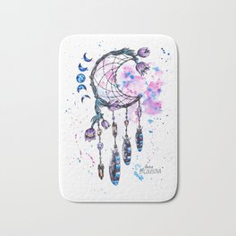 Dreamcatcher, Watercolor ink painting, amethyst rauchtopaz crystal,pasque-flower,moon phases, flowers magic illustration,witch decor Bath Mat | Watercolor, Pink, Crystal, Dreamcatcher, Talisman, Moon, Amethyst, Ink, Pasque Flower, Moonphases 